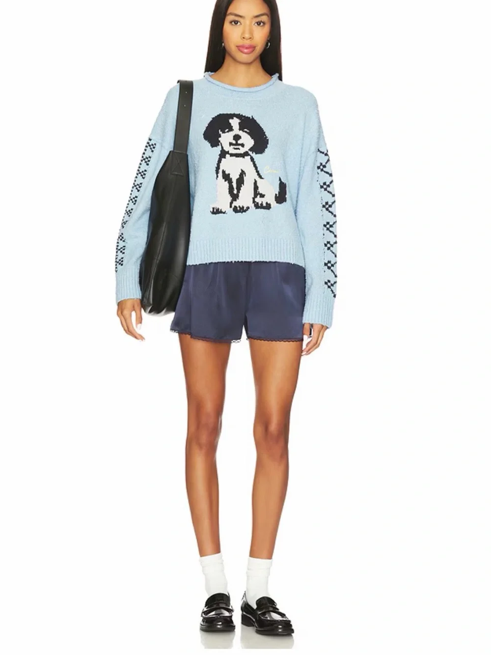 Free People NWT Story Book Blue Sweater in Clear Skies Combo Dog Sz Large